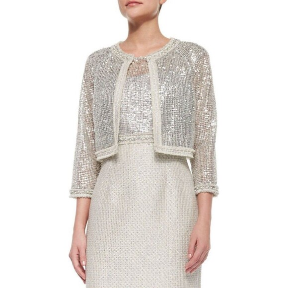 Kay Unger Sequin Sheath Dress Suit Women's 14 White Silver Formal Career Retro - Picture 1 of 16